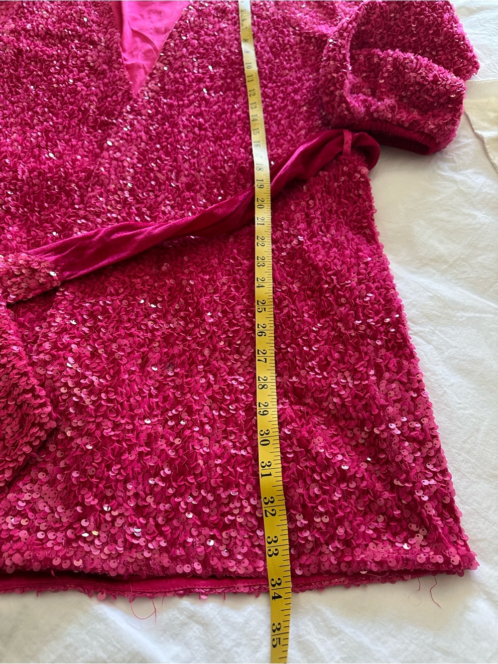 Blue B Collection, Bright Pink Sequin Wrap Mini Dress with Belt, size large - Picture 11 of 16